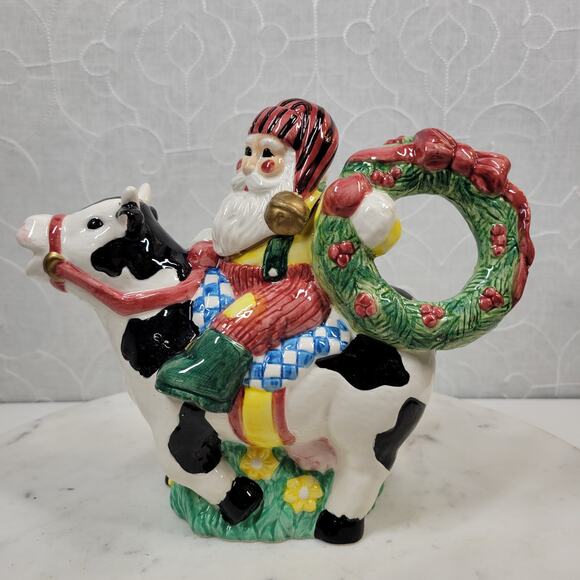VINTAGE Lotus Cowboy Santa Creamer 7" Hand Painted Holiday Christmas Gift - Picture 1 of 16